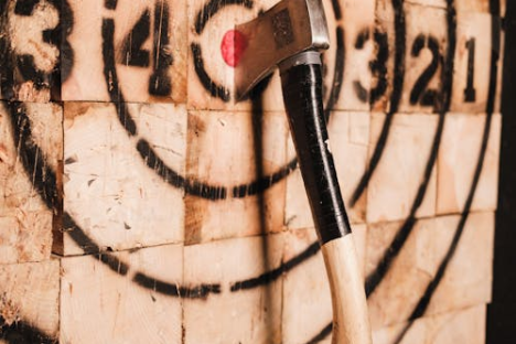 Axe embedded in a wooden target with numbered circles.