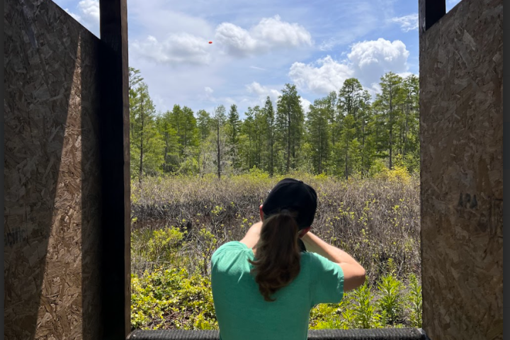 Person aiming at target in outdoor shooting range surrounded by trees.