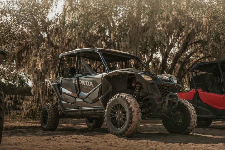 Off-road vehicle parked under trees with sunlight filtering through.