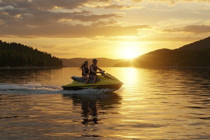 Two people riding a jet ski on a lake at sunset with mountains in the background.