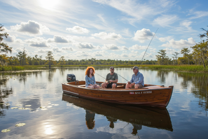 Three people fishing in a wooden boat on a calm lake with cloudy sky.