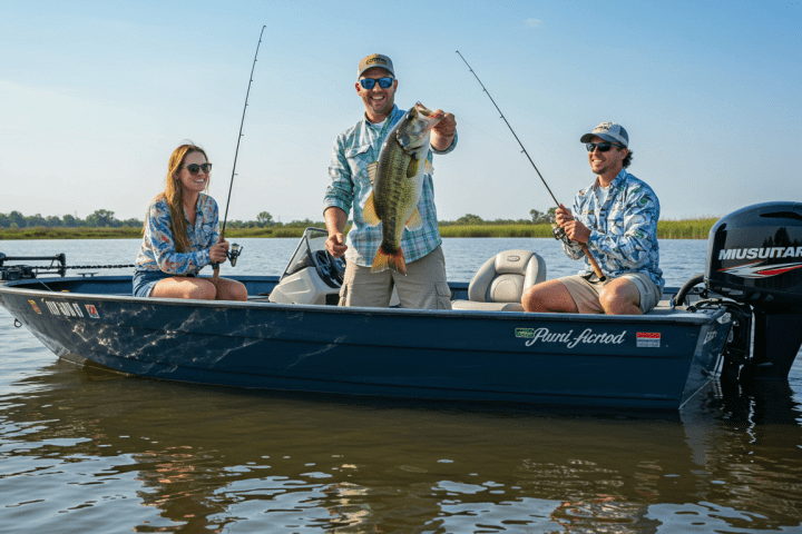 Three people on a boat with two holding fishing rods and one displaying a large fish.