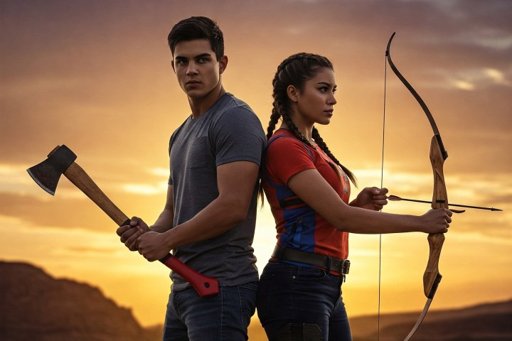 Two people stand back-to-back, one with an axe, the other with a bow, against a sunset.