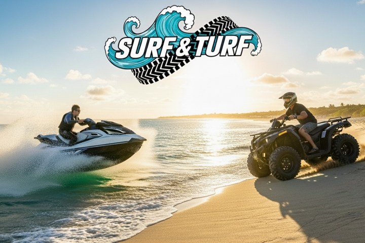 Person on jet ski and another on ATV at beach under 'Surf & Turf' logo.